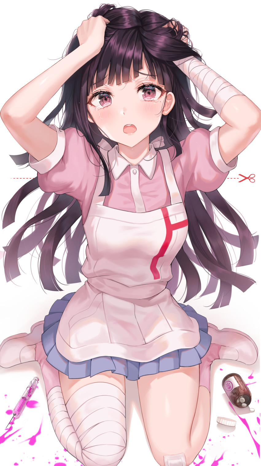 1girl absurdres apron arms_up bandaged_arm bandaged_leg bandages bangs black_hair blood blue_skirt blush bottle breasts commentary_request crying danganronpa dress eyebrows_visible_through_hair hands_in_hair hands_on_head highres kneeling long_hair looking_at_viewer medium_breasts mole mole_under_eye nurse open_mouth pill pink_blood pink_shirt pleated_skirt puffy_short_sleeves puffy_sleeves purple_eyes purple_hair shirt shoes short_sleeves simple_background sitting skirt solo super_danganronpa_2 syringe tears tokkyu_(user_mwwe3558) tsumiki_mikan uniform wariza white_apron white_background white_footwear