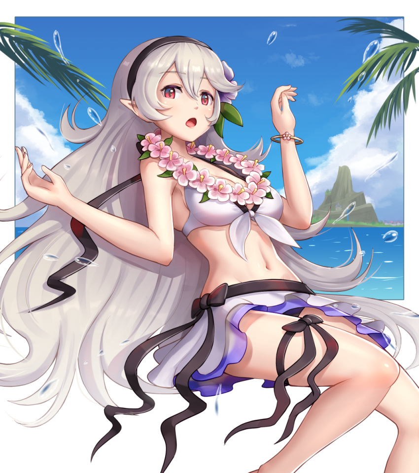 1girl bangs bikini bikini_skirt black_hairband blue_sky bracelet breasts cleavage cloud day eyebrows_visible_through_hair female_my_unit_(fire_emblem_if) fingernails fire_emblem fire_emblem_heroes fire_emblem_if flower front-tie_bikini front-tie_top gonzarez groin hair_between_eyes hair_flower hair_ornament hairband hands_up highres jewelry leaf lei long_hair looking_at_viewer mamkute medium_breasts my_unit_(fire_emblem_if) navel ocean open_mouth outdoors pointy_ears red_eyes silver_hair sitting sky solo swimsuit thigh_strap very_long_hair water