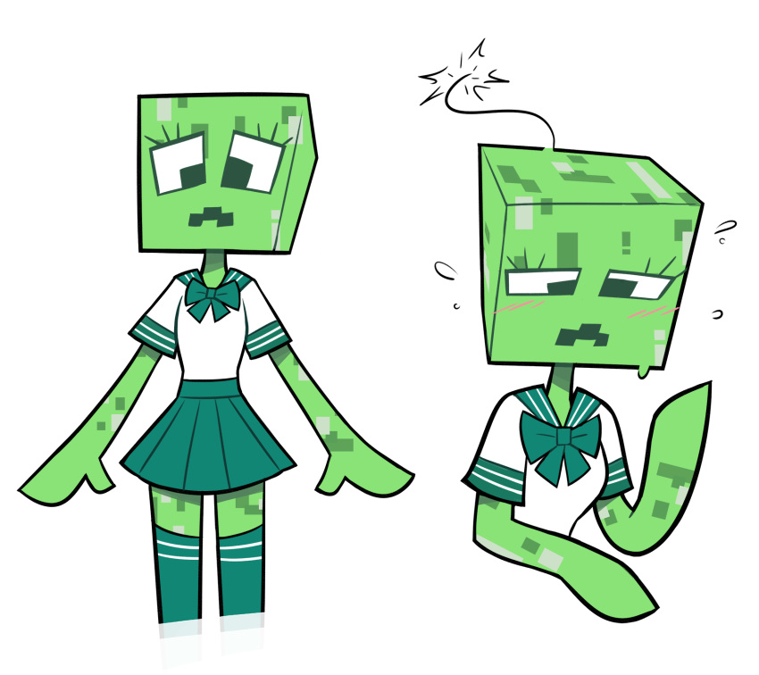 2019 alternate_species blush clothing creeper dress female green_skin hi_res humanoid humanoidized minecraft miscon not_furry open_mouth simple_background solo standing video_games white_background