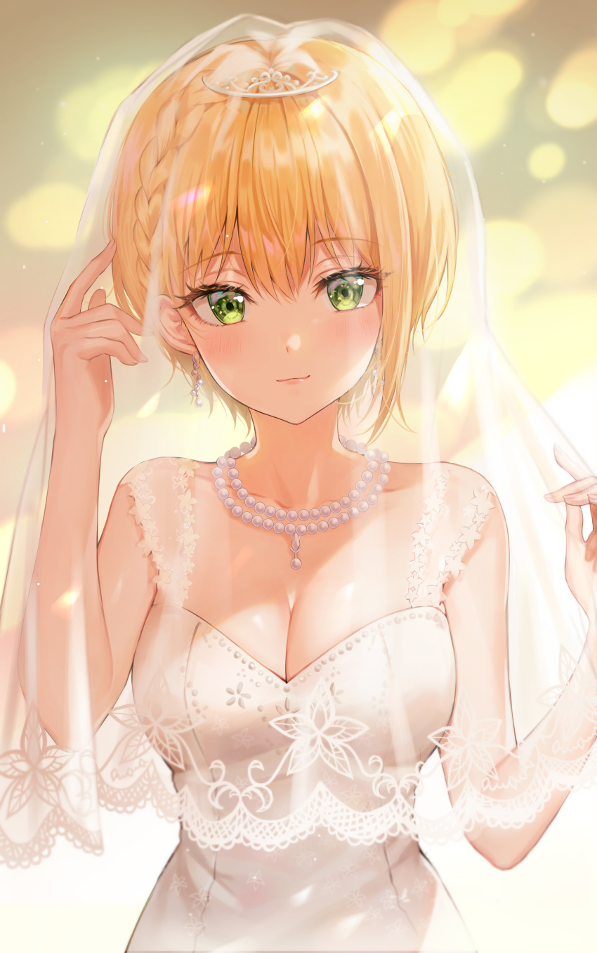 1girl absurdres arm_up asymmetrical_hair bare_arms blonde_hair blurry blurry_background blush bokeh braid breasts bridal_veil bright_pupils cleavage collarbone depth_of_field dress earrings eyebrows_visible_through_hair floral_print green_eyes hair_between_eyes hand_up highres idolmaster idolmaster_cinderella_girls idolmaster_cinderella_girls_starlight_stage jewelry lace-trimmed_veil light_smile looking_at_viewer medium_breasts miyamoto_frederica necklace pearl_earrings pearl_necklace see-through short_hair smile solo tiara tokkyu_(user_mwwe3558) upper_body veil wedding_dress white_dress