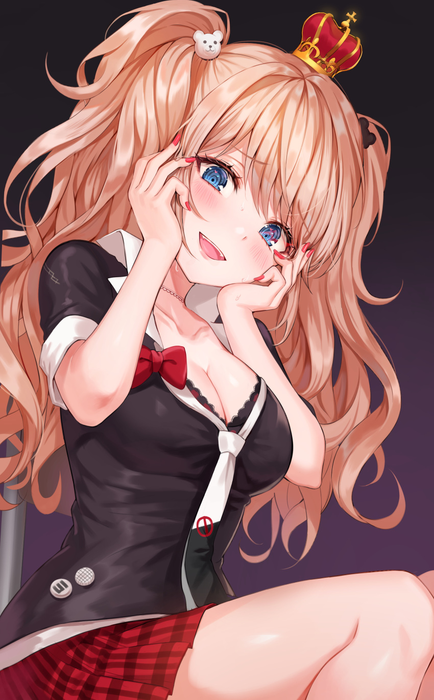 1girl absurdres bear_hair_ornament black_shirt blonde_hair blue_eyes blush bow breasts cleavage collarbone commentary_request crown danganronpa dark_background enoshima_junko fangs hair_ornament highres large_breasts long_hair looking_at_viewer nail_polish necktie pink_hair pink_nails pleated_skirt red_bow red_skirt school_uniform shirt skirt sleeves_rolled_up smile solo tokkyu_(user_mwwe3558) twintails