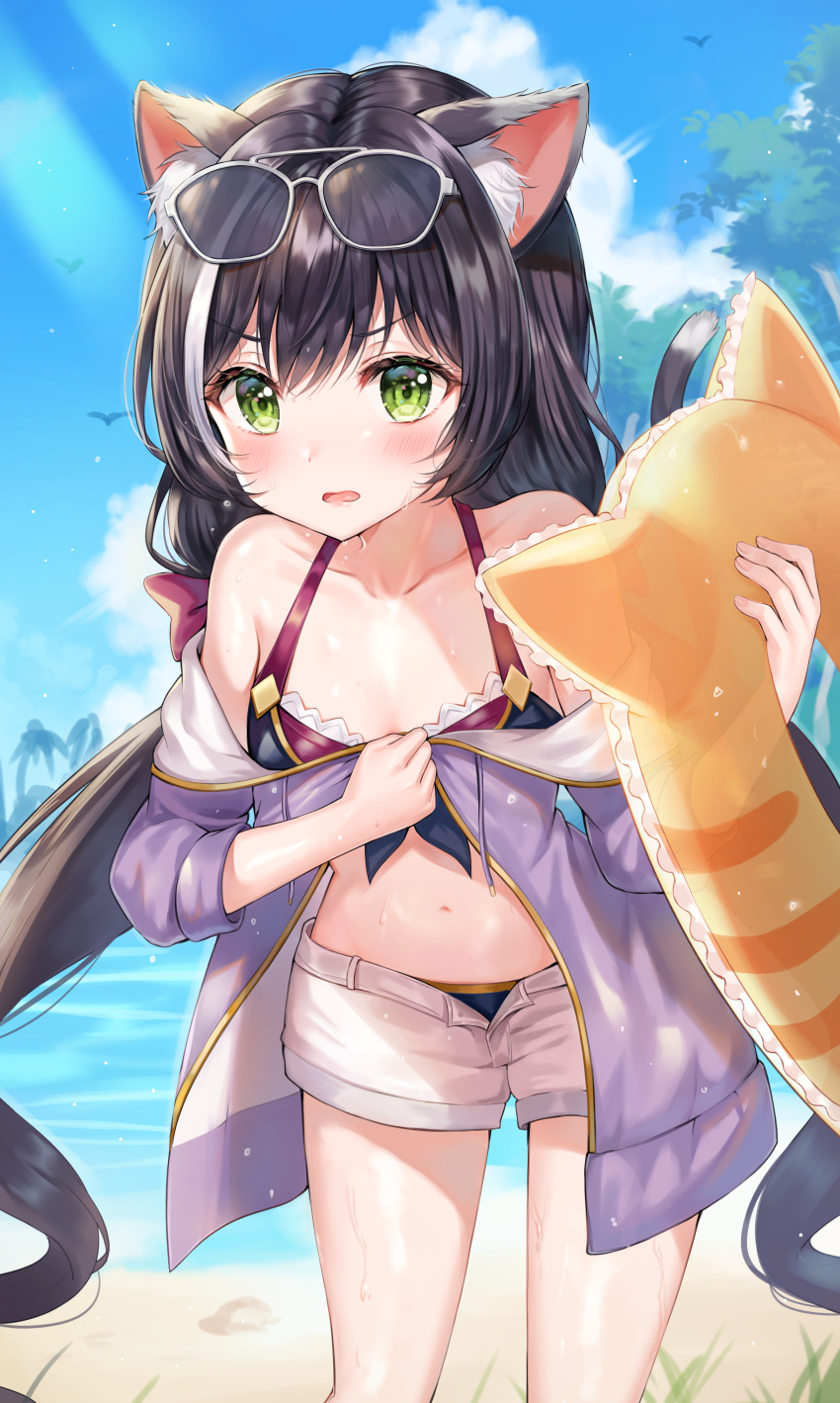 1girl absurdres animal_ear_fluff animal_ears bare_shoulders beach bikini black_bikini black_hair blue_sky blush cat_ears cat_tail cloud collarbone day drawstring eyewear_on_head frown green_eyes halterneck highres holding innertube jacket kyaru_(princess_connect) light_rays long_hair looking_at_viewer multicolored_hair navel off_shoulder open_clothes open_fly open_jacket open_mouth outdoors princess_connect! princess_connect!_re:dive purple_jacket short_shorts shorts sky solo standing stomach streaked_hair sunbeam sunglasses sunlight swimsuit tail thighs tokkyu_(user_mwwe3558) v-shaped_eyebrows very_long_hair water wet white_hair white_shorts