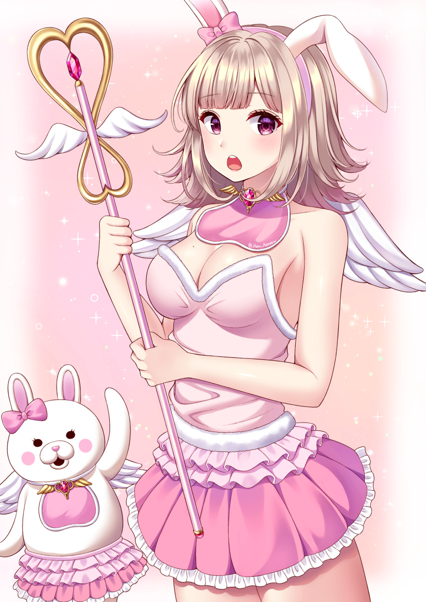 1girl absurdres alternate_costume animal_ears artist_name bare_arms bare_shoulders bow breasts bunny_ears cleavage commentary_request cowboy_shot danganronpa ear_ribbon eyebrows_visible_through_hair flipped_hair frills gem hair_ornament hairband highres holding holding_staff jewelry large_breasts light_brown_hair magical_girl medium_hair mole mole_on_breast monomi_(danganronpa) nabekokoa nanami_chiaki open_mouth pink_bow pink_shirt pink_skirt purple_eyes revision shirt short_wings skirt sleeveless sleeveless_shirt staff super_danganronpa_2 upper_teeth white_wings wings