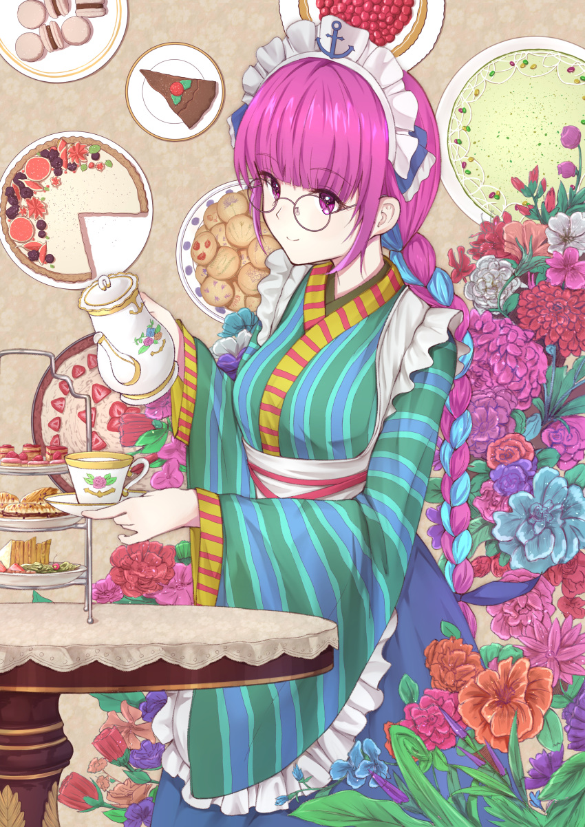 1girl absurdres anchor apron bespectacled blue_flower blue_hair blue_ribbon blue_skirt braid breasts brown-framed_eyewear brown_background brown_flower cake closed_mouth commentary_request cup flower food frilled_apron frills fruit glasses hair_ribbon highres holding_saucer holding_teapot hololive japanese_clothes kimono long_hair long_sleeves maid_headdress minato_aqua multicolored_hair pink_flower plate purple_eyes purple_flower purple_hair red_flower ribbon round_eyewear saucer single_braid skirt slice_of_cake small_breasts smile solo strawberry striped table teacup teapot tiered_tray two-tone_hair vertical-striped_kimono vertical_stripes very_long_hair virtual_youtuber waist_apron wang_man white_apron wide_sleeves