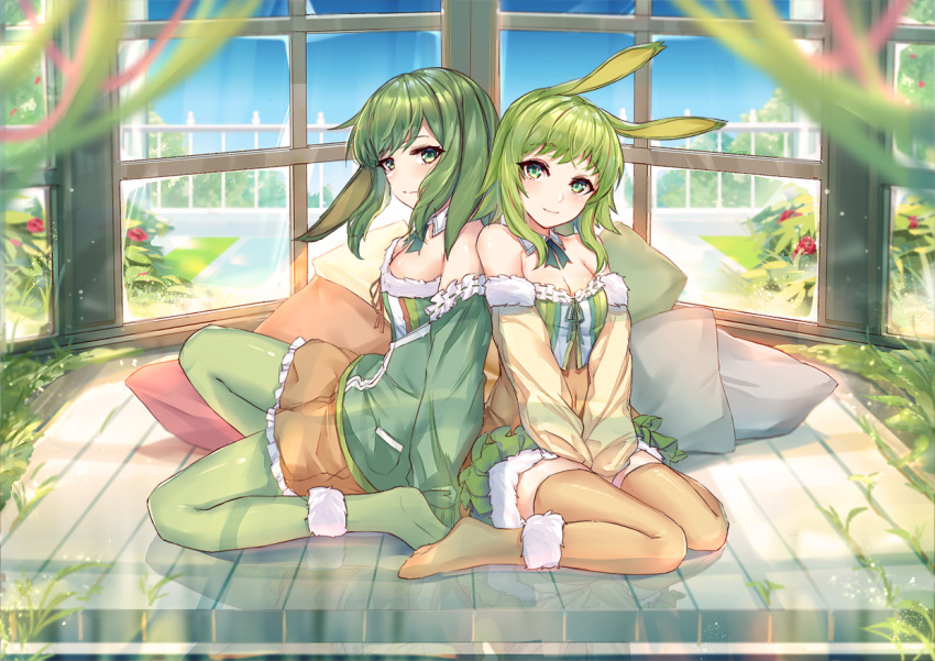 2girls animal_ears back-to-back between_legs blue_sky blurry blurry_foreground blush bobo_(6630978) bunny_ears chinese_commentary commentary depth_of_field dual_persona fur-trimmed_legwear fur-trimmed_skirt fur-trimmed_sleeves fur_trim green_hair green_jacket green_legwear gumi hand_between_legs jacket looking_at_breasts multiple_girls orange_legwear orange_shirt orange_skirt pillow plant shirt short_hair short_hair_with_long_locks sidelocks sitting skirt sky smile vocaloid wariza wide_shot window