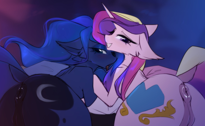 2019 anus cutie_mark duo equid female feral friendship_is_magic hair hi_res horn looking_at_viewer looking_back mammal multicolored_hair my_little_pony presenting presenting_pussy princess_cadance_(mlp) princess_luna_(mlp) prsmrti pussy unicorn