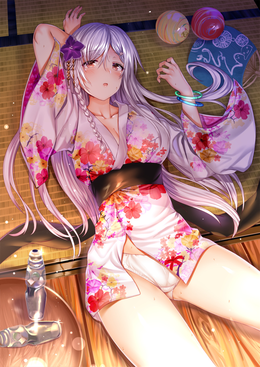 1girl aldehyde arm_up bangle bottle bracelet braid breasts brown_eyes cameltoe cleavage collarbone crotch_seam fan floral_print flower glint hair_flower hair_ornament hairclip hand_up highres japanese_clothes jewelry kanzashi kimono large_breasts long_hair looking_at_viewer lying neeko obi on_back original panties parted_lips pink_kimono purple_flower sash short_kimono silver_hair solo sweat thighs underwear water_bottle white_panties wide_sleeves wooden_floor