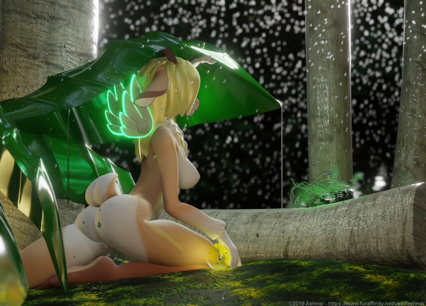 3d_(artwork) anthro ashnar barely_visible_genitalia barely_visible_pussy blonde_hair breasts butt digital_media_(artwork) feathered_wings feathers female hair horn lagomorph mammal nude phina_(ashnar) pussy raining solo tree wings wolpertinger