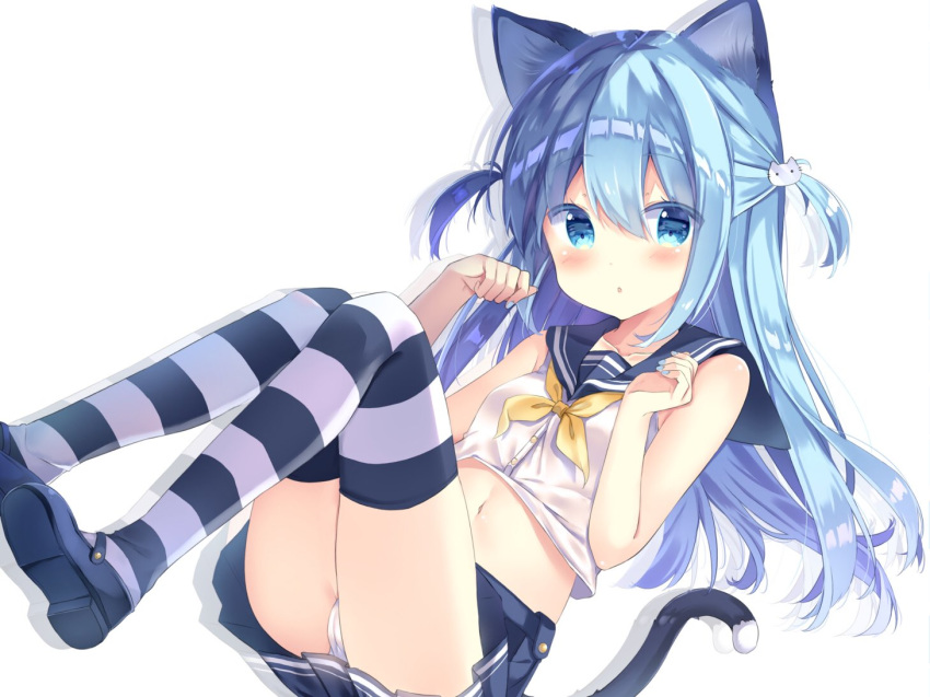 1girl :o animal_ears bangs black_footwear blue_eyes blue_hair blue_nails blue_sailor_collar blue_skirt blush cameltoe cat_ears cat_girl cat_hair_ornament cat_tail collarbone commentary_request dress_shirt eyebrows_visible_through_hair fingernails hair_between_eyes hair_ornament hands_up legs_up long_hair lying mary_janes midriff nail_polish navel neckerchief on_back one_eye_closed original panties parted_lips pleated_skirt saeki_sora sailor_collar shirt shoe_soles shoes simple_background skirt sleeveless sleeveless_shirt solo striped striped_legwear tail thighhighs two_side_up underwear very_long_hair white_panties white_shirt yellow_neckwear zoom_layer