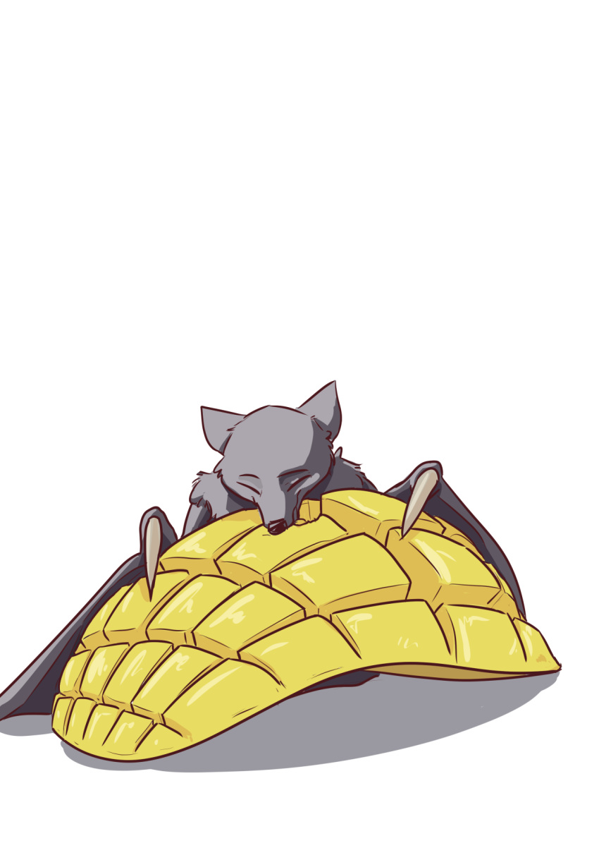 2019 ambiguous_gender anthro bat_wings cheek_tuft chiropteran deke_(ittybittykittytittys) eating eyes_closed food hi_res ittybittykittytittys mammal mango membrane_(anatomy) membranous_wings pteropodid simple_background solo tuft white_background wings