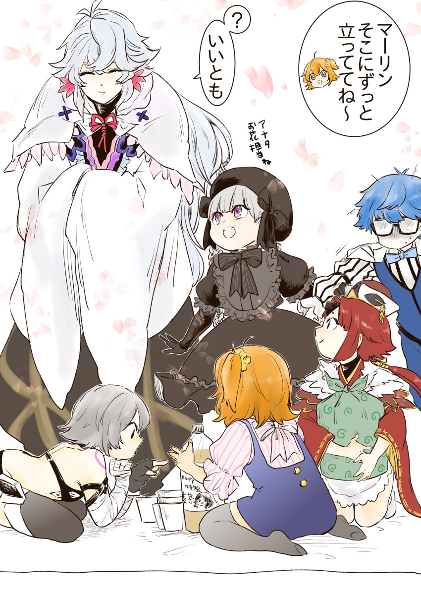 2boys 4girls ahoge bandaged_arm bandages bangs bare_shoulders benienma_(fate/grand_order) beret black_bow black_dress black_gloves black_headwear blue_hair blue_neckwear bow bowtie braid child commentary_request cup disposable_cup dress fate/grand_order fate_(series) fujimaru_ritsuka_(female) fur_trim glasses gloves hair_between_eyes hair_ornament hair_scrunchie hans_christian_andersen_(fate) hat highres holding jack_the_ripper_(fate/apocrypha) japanese_clothes kimono leonardo_da_vinci_(fate/grand_order) long_hair long_sleeves low_ponytail merlin_(fate) messy_hair multiple_boys multiple_girls nursery_rhyme_(fate/extra) open_mouth orange_hair parted_bangs pink_ribbon ponytail purple_eyes red003 red_hair revealing_clothes ribbon robe scrunchie short_hair side_ponytail silver_hair smile soda_bottle suspenders sweatdrop thighhighs translation_request twin_braids very_long_hair vest white_hair wide_sleeves yellow_scrunchie younger