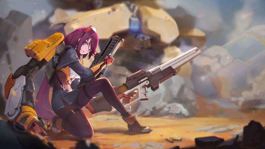 1girl blue_eyes bodystocking breastplate gloves goggles goggles_on_head gun highres holding holding_gun holding_weapon long_hair mecha mechanical mechanical_arm nfb-zmc one_knee original purple_hair rubble science_fiction shell_casing shoes skirt solo suspender_skirt suspenders weapon