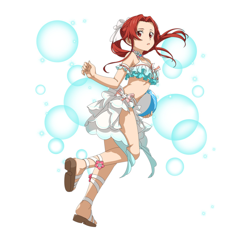 1girl arm_strap ball beachball bikini bikini_top blue_bikini bow breasts cleavage collarbone floating_hair full_body hair_bow highres holding holding_ball jewelry layered_bikini long_hair necklace official_art open_mouth ponytail red_eyes red_hair small_breasts solo sparkle swimsuit sword_art_online tiese_schtrinen transparent_background white_bow