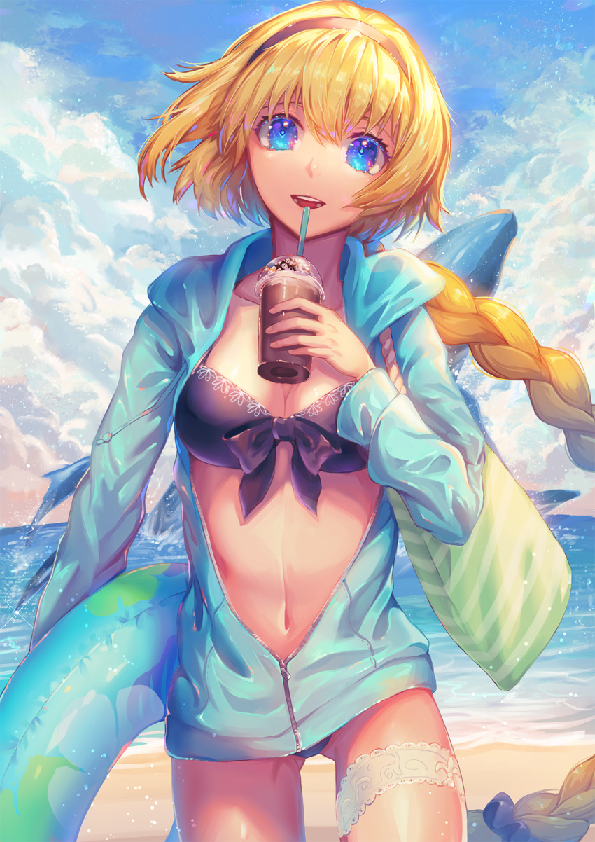 1girl :d beach bikini black_bikini black_bow black_hairband blonde_hair blue_eyes blue_jacket bow braided_ponytail breasts cleavage cloud collarbone cowboy_shot day drinking_straw fate/grand_order fate_(series) front-tie_bikini front-tie_top hair_between_eyes hairband highres holding hood hood_down hooded_jacket innertube jacket jeanne_d'arc_(fate)_(all) jeanne_d'arc_(swimsuit_archer) long_hair long_sleeves looking_at_viewer medium_breasts midriff navel ocean open_clothes open_jacket open_mouth outdoors partially_unzipped ponytail print_bikini_top raymond_busujima shiny shiny_hair smile solo standing stomach swimsuit thigh_strap very_long_hair