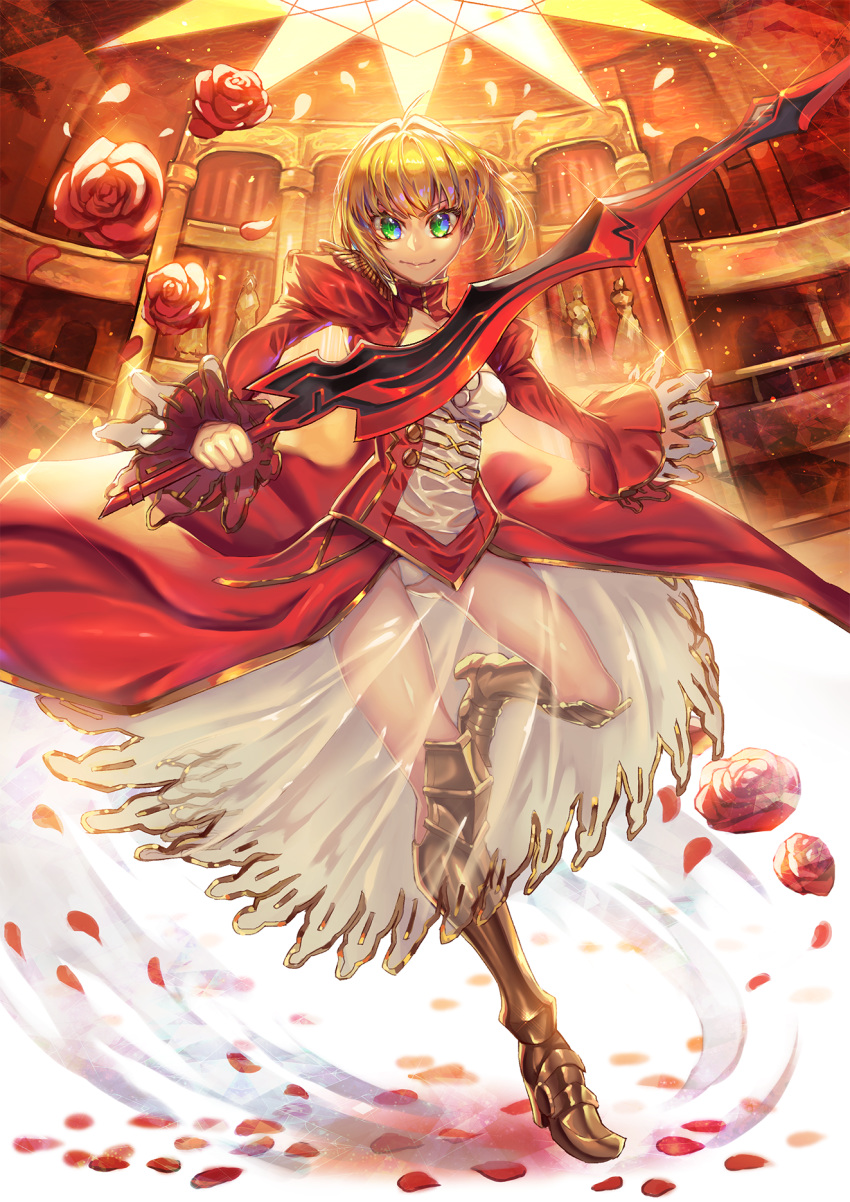 1girl ahoge armored_boots ass_visible_through_thighs blonde_hair boots breasts cleavage closed_mouth dress fate/extra fate_(series) flower green_eyes highres holding holding_sword holding_weapon indoors knee_boots leg_up long_sleeves looking_at_viewer medium_breasts nero_claudius_(fate) nero_claudius_(fate)_(all) panties pixiv_fate/grand_order_contest_2 raymond_busujima red_dress red_flower red_rose rose see-through short_hair smile solo standing standing_on_one_leg sword underwear weapon white_panties yellow_footwear