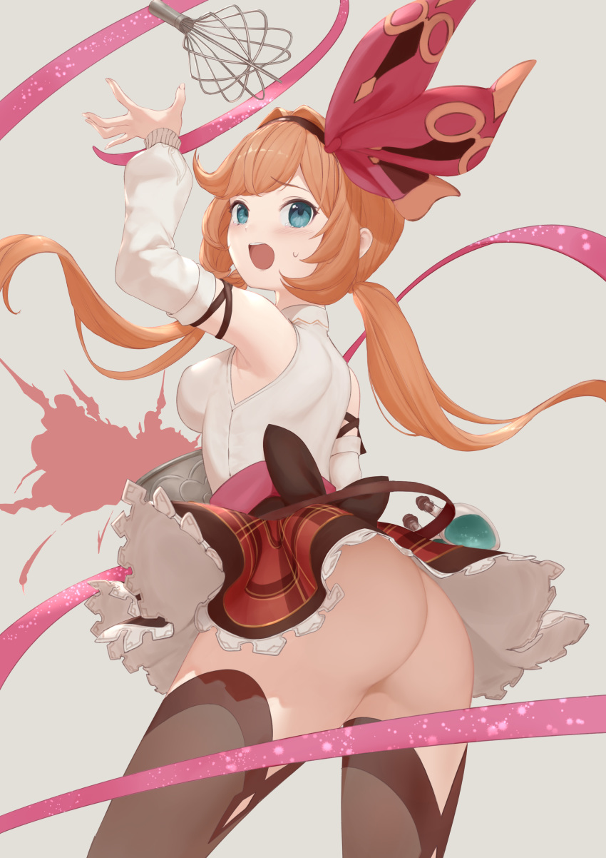 1girl absurdres anouetto arm_up ass black_legwear blush bowl breasts brown_hair brown_hairband clarisse_(granblue_fantasy) detached_sleeves flask granblue_fantasy grey_background hair_ribbon hairband highres long_hair looking_at_viewer looking_back medium_breasts mixing_bowl no_panties open_mouth pink_ribbon plaid plaid_skirt ponytail red_ribbon ribbon shirt skirt solo standing thighhighs upper_teeth upskirt valentine whisk white_shirt