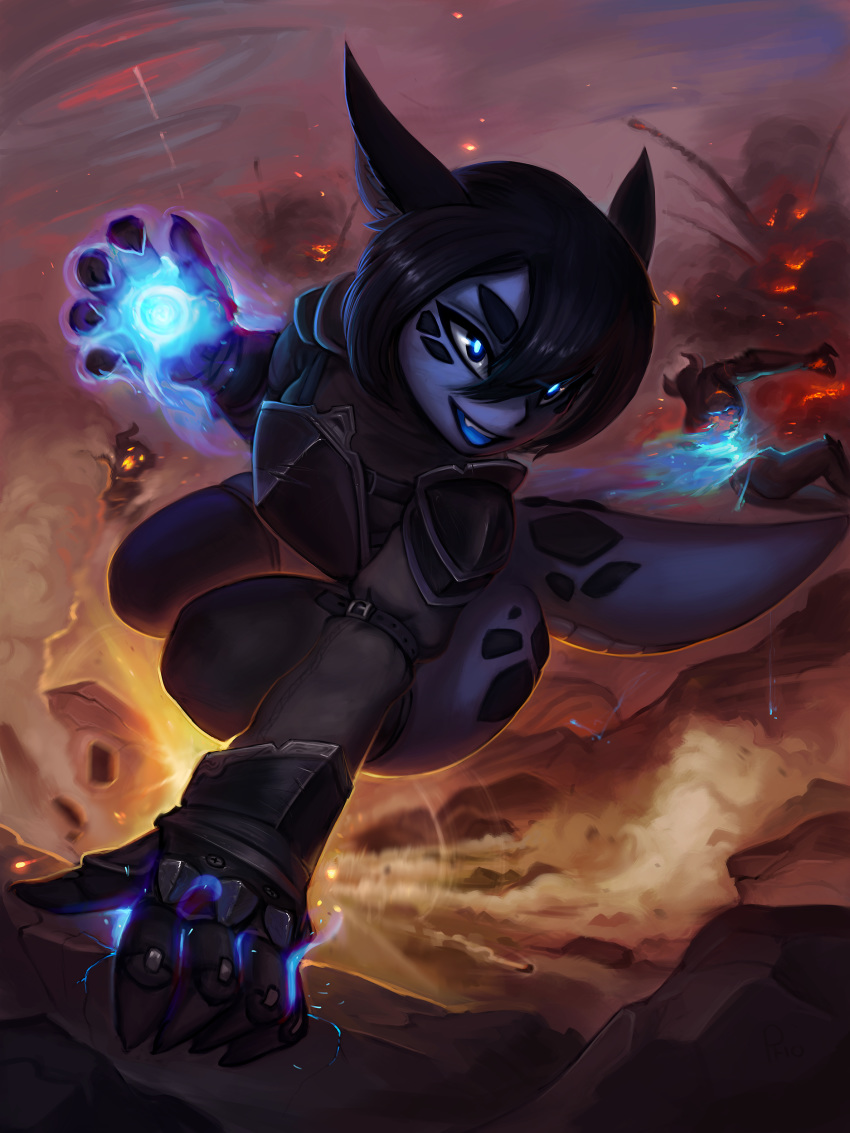 2019 3:4 absurd_res action_shot anthro armor bangs big_butt big_ears black_armor black_hair blue_eyes bottomless butt clothed clothing demon digital_media_(artwork) dragon female female_focus fight fire glowing group hair hi_res long_ears magic open_mouth photonoko scalie short_hair smile smoke smolder solo_focus straight_hair thick_tail