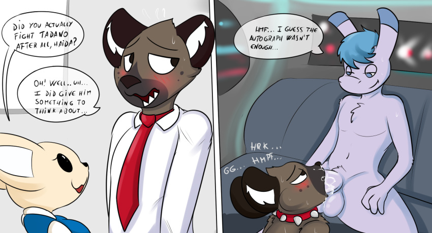 aggressive_retsuko anthro anthro_on_anthro asinus balls big_penis black_eyes black_nose blue_hair blue_text blush bodily_fluids brown_fur canid canine car collar comic cum cum_in_mouth cum_inside cum_on_balls cum_on_penis dialogue donkey english_text equid equine fellatio female fennec fenneko fox fur genital_fluids grey_balls grey_eyes grey_penis haida hair hi_res hyaenid interspecies kneeling looking_down looking_up male male/male mammal nervous no_pupils nude onomatopoeia open_mouth oral penile penis sanrio sex sitting sound_effects speech_bubble spiked_collar spiked_teeth spikes spotted_hyena starit tadano_(aggretsuko) tan_fur text vehicle white_fur