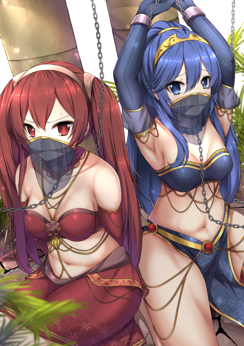 2girls absurdres bdsm blue_eyes blue_hair bondage bound chain chained_wrists cleave_gag cloth_gag elbow_gloves fire_emblem fire_emblem:_kakusei gag gagged gloves harem_outfit harem_pants highres huge_filesize improvised_gag leash long_hair lucina midriff multiple_girls navel pants pelvic_curtain red_eyes red_hair selena_(fire_emblem) sheita slave strapless tied_up twintails veil yuri-yuri