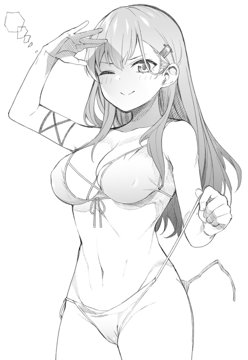 1girl ;) bikini breasts byte_(allbyte) cleavage highres kantai_collection large_breasts long_hair monochrome one_eye_closed side-tie_bikini smile solo suzuya_(kantai_collection) swimsuit untied untied_bikini