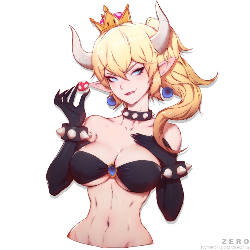 1girl banned_artist black_bra black_collar black_nails blonde_hair blue_earrings blue_eyes bowsette bra bracelet breasts collar crown earrings fingernails genderswap highres horns jewelry medium_breasts mushroom paul_kwon pointy_ears sharp_fingernails sharp_teeth simple_background solo spiked_armlet spiked_bracelet spiked_collar spikes stomach super_crown teeth transformation underwear white_background