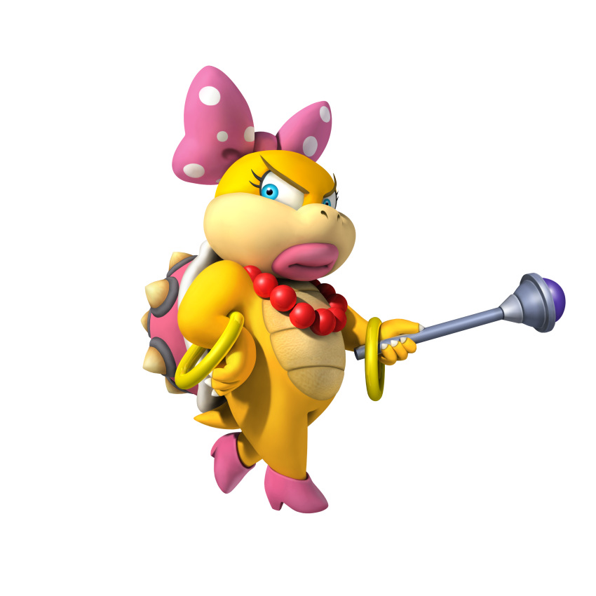 1:1 2009 3d_(artwork) absurd_res accessory big_lips blue_eyes bracelet clothing digital_media_(artwork) female footwear frown hair_accessory hair_bow hair_ribbon hi_res high_heels jewelry koopa koopaling lips looking_at_viewer mario_bros necklace nintendo official_art ribbons scalie shell shoes simple_background solo spiked_shell spikes unknown_artist video_games wand wendy_o._koopa white_background