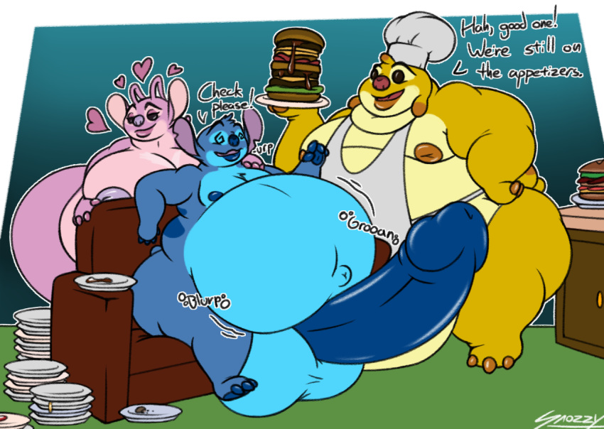 2019 3_toes 4_fingers alien angel_(lilo_and_stitch) antennae_(anatomy) anthro apron back_markings balls big_balls black_eyes blue_claws blue_fur blue_lips blue_nipples blue_pawpads blue_penis breast_markings breasts brown_lips brown_nipples burger burping chef_hat chest_tuft claws clothing dialogue digital_drawing_(artwork) digital_media_(artwork) dipstick_antennae dipstick_ears disney english_text experiment_(species) female food fur gradient_background group hat head_tuft headgear headwear holding_food holding_object huge_balls hyper hyper_penis lilo_and_stitch male markings morbidly_obese multicolored_antennae multicolored_ears navel nipples notched_ear nude obese onomatopoeia open_mouth overweight pawpads penis pink_claws pink_fur plate purple_nipples purple_nose red_nose reuben signature simple_background small_tail smile snozzy sofa sound_effects spiral_eyes stitch stuffing text toes tuft yellow_fur