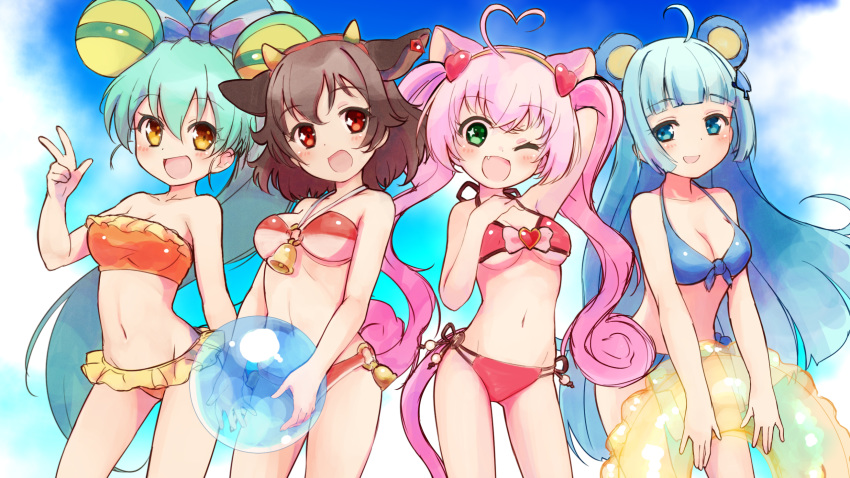 4girls ;d ahoge animal_ears arm_up ball beachball bikini blue_bikini blue_bow blue_eyes blue_hair blue_sky blush bow breasts brown_eyes brown_hair cat_ears cat_girl cat_tail cleavage cloud cloudy_sky commentary_request cow_ears cow_girl cow_horns day fang front-tie_bikini front-tie_top green_eyes green_hair groin hair_bow hair_ornament halter_top halterneck hand_behind_head hand_up heart heart_ahoge heart_hair_ornament high_ponytail highres holding holding_ball holding_innertube holmy_(show_by_rock!!) horns innertube jacqueline_(show_by_rock!!) medium_breasts multiple_girls navel nyama one_eye_closed open_mouth orange_bikini outdoors pink_hair ponytail red_bikini red_eyes rosia_(show_by_rock!!) show_by_rock!! sky smile spade_hair_ornament sparkling_eyes strapless strapless_bikini striped striped_bow swimsuit tail transparent tsukino_(show_by_rock!!) twintails v