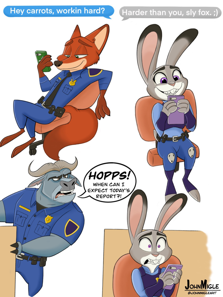 2019 anthro black_nose bovid bovine canid canine cape_buffalo chief_bogo clothing disney female fox fur green_eyes hi_res horn johnmigleart judy_hopps lagomorph leporid male mammal nick_wilde police police_uniform purple_eyes rabbit simple_background text uniform zootopia