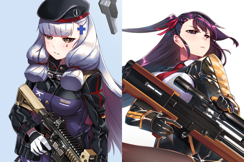 assault_rifle bangs blunt_bangs bullpup cosplay eyebrows_visible_through_hair female_admiral_(kantai_collection) girls_frontline gloves gun h&amp;k_hk416 hair_ribbon hiememiko highres hk416_(girls_frontline) hk416_(girls_frontline)_(cosplay) holding holding_gun holding_weapon kantai_collection long_hair murakumo_(kantai_collection) necktie purple_hair ribbon rifle sniper_rifle wa2000_(girls_frontline) wa2000_(girls_frontline)_(cosplay) walther walther_wa_2000 weapon