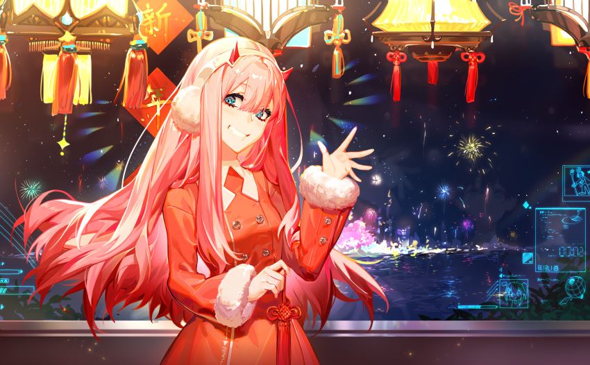 1girl bangs coat commentary darling_in_the_franxx eyebrows_visible_through_hair eyes_visible_through_hair fireworks green_eyes hair_between_eyes hairband hand_up highres holding holographic_interface horns long_hair long_sleeves looking_at_viewer oni_horns pink_hair red_coat red_horns smile solo teeth uniform white_hairband window yyb zero_two_(darling_in_the_franxx)