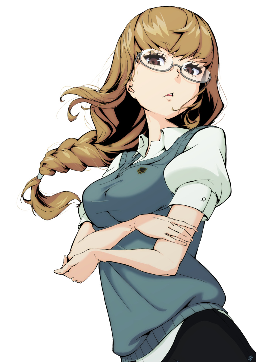 1girl braid breasts brown_eyes brown_hair glasses grey_vest hamakado_mondo highres kiznaiver large_breasts long_hair maki_honoka open_mouth school_uniform shirt short_sleeves single_braid sweater_vest vest white_shirt