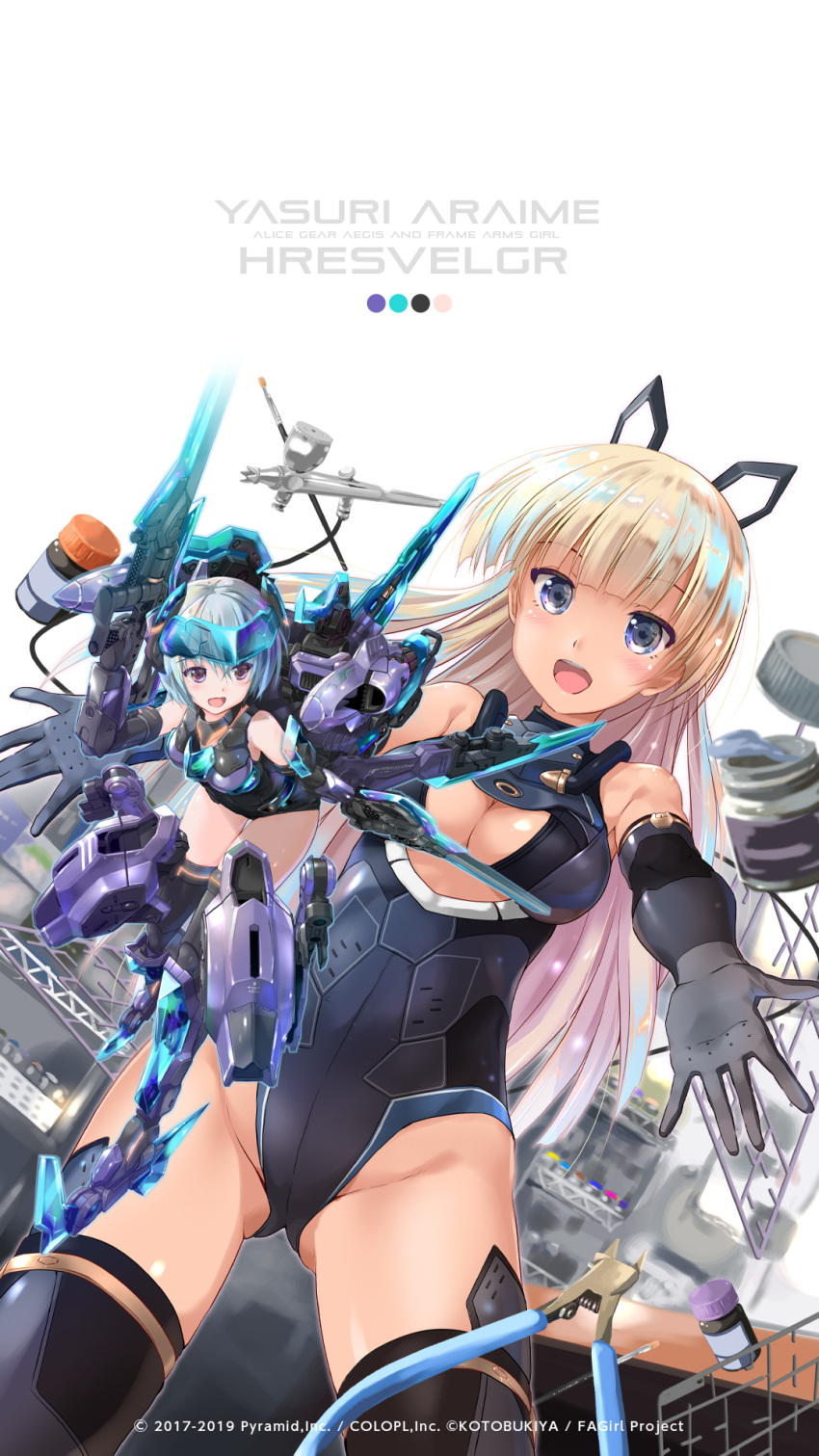 2girls alice_gear_aegis araime_yasuri armor bangs bare_shoulders blonde_hair blue_eyes blue_hair blue_leotard blunt_bangs bodysuit breasts character_name cleavage_cutout copyright_name covered_navel cowboy_shot elbow_gloves eyebrows_visible_through_hair frame_arms_girl gloves gun hair_ribbon headgear highres hresvelgr komatsu_eiji leg_armor leotard mecha_musume multiple_girls official_art open_arms open_mouth paint paintbrush purple_eyes ribbon skin_tight smile thighhighs thrusters weapon wire_cutters