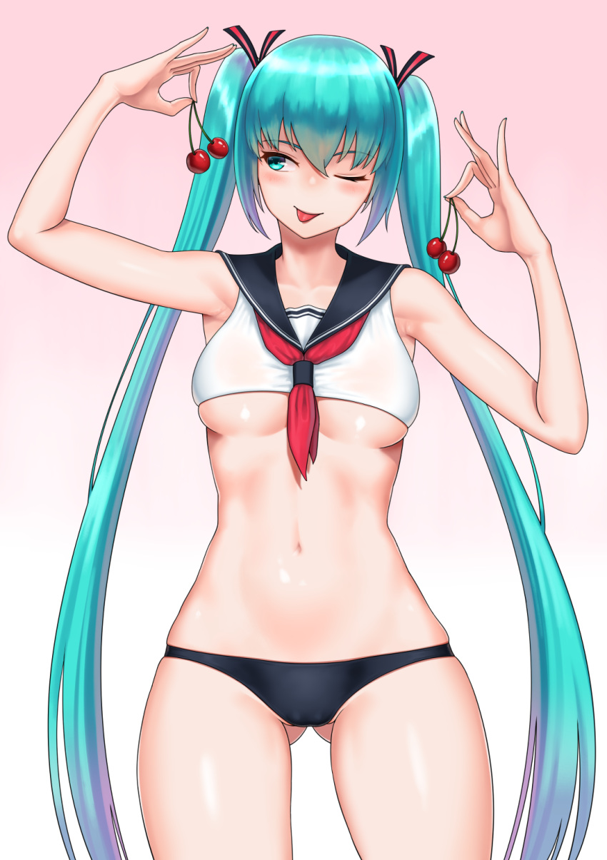 1girl ;p alternate_costume aqua_hair armpits arms_up ass_visible_through_thighs bangs bare_shoulders black_panties black_sailor_collar breasts cherry cloel closed_mouth collarbone cowboy_shot crop_top food fruit gradient gradient_background groin hair_ornament hatsune_miku highres holding holding_food holding_fruit long_hair looking_away medium_breasts navel neckerchief one_eye_closed panties pink_background red_neckwear sailor_collar skindentation sleeveless smile solo stomach tongue tongue_out twintails underboob underwear very_long_hair vocaloid