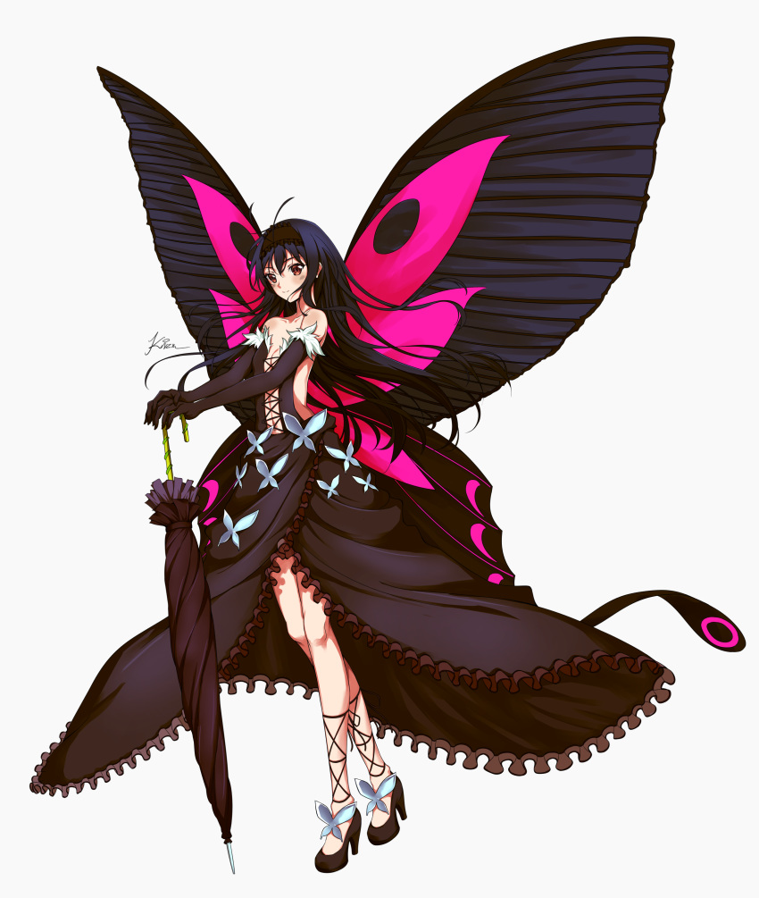 1girl absurdres accel_world antennae black_footwear black_gloves black_hair blush breasts butterfly_wings cleavage closed_mouth dress duel_avatar elbow_gloves gloves hair_ornament high_heels highres kizuchi_r kuroyukihime long_hair looking_at_viewer red_eyes shoes solo umbrella very_long_hair wings