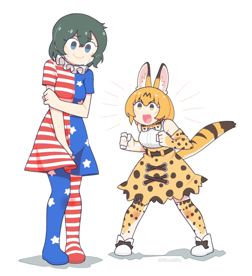 2girls american_flag american_flag_dress american_flag_legwear animal_ears artist_name bangs bare_shoulders blonde_hair blouse blue_eyes bow bowtie cat_ears clenched_hands clownpiece clownpiece_(cosplay) cosplay covering covering_crotch dress elbow_gloves embarrassed extra_ears eyebrows_visible_through_hair gloves hair_between_eyes high-waist_skirt highres kaban_(kemono_friends) kemono_friends multiple_girls open_mouth pantyhose serval_(kemono_friends) serval_ears serval_print serval_tail skirt smile sweat tail twitter_username vibrantrida white_background yellow_eyes