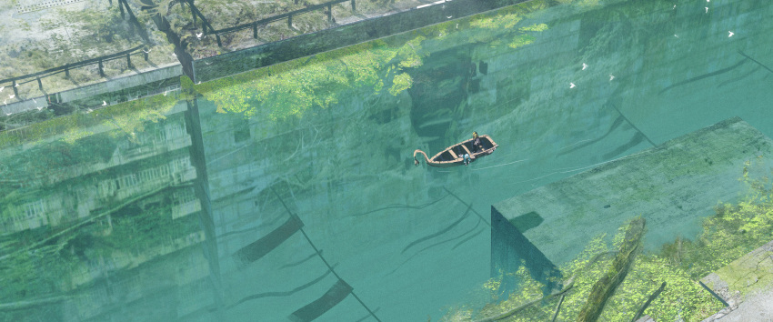 2girls absurdres asuteroid bird blurry boat canal cape city commentary cornea_(asuteroid) film_grain from_above green_eyes highres iz_(asuteroid) lying multiple_girls on_stomach original post-apocalypse railing reflection ruins scenery shadow silver_hair sitting water watercraft