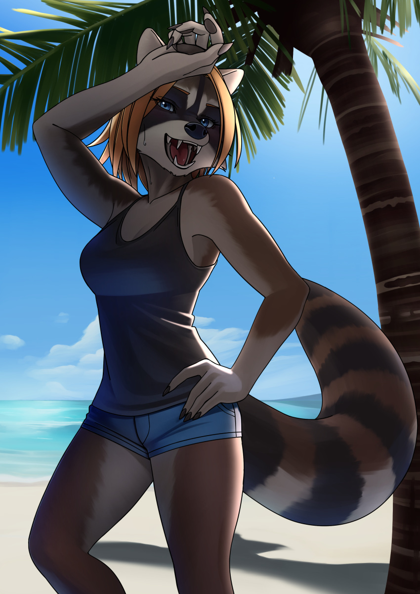 absurd_res anthro beach black_clothing black_fur black_tail black_topwear blue_bottomwear blue_clothing blue_eyes blue_shorts blue_sky bodily_fluids bottomwear breasts brown_fur brown_tail clothing day eyebrow_through_hair eyebrows female fur hair hand_on_head hand_on_hip hi_res katahane3 mammal multicolored_fur multicolored_tail open_mouth open_smile palmtree procyonid raccoon ringtail sand sea seaside shorts sky smile solo sweat tongue topwear translucent translucent_hair water