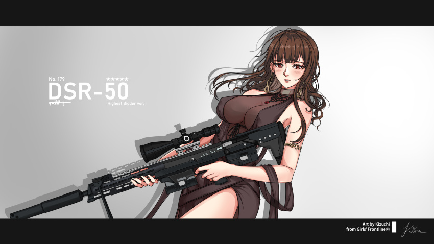 1girl absurdres armlet assault_rifle bangs bare_legs bare_shoulders breasts brown_hair cleavage collar commentary dress dsr-50_(girls_frontline) dsr-50_(weapon) girls_frontline gradient gradient_background grey_background gun highres holding holding_weapon jewelry kizuchi_r large_breasts letterboxed long_hair looking_at_viewer necklace red_eyes rifle side_slit signature solo title very_long_hair wallpaper weapon