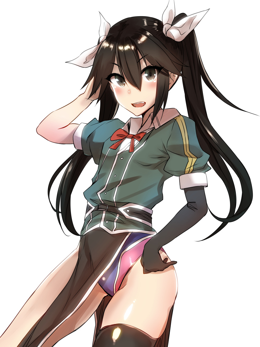 1girl absurdres asymmetrical_legwear brown_eyes brown_hair commentary_request competition_swimsuit cowboy_shot elbow_gloves eureka_(eureka-0075) gloves hair_between_eyes hair_ribbon highres jacket kantai_collection long_hair one-piece_swimsuit pelvic_curtain remodel_(kantai_collection) ribbon simple_background single_elbow_glove single_glove single_thighhigh solo swimsuit swimsuit_under_clothes thighhighs tone_(kantai_collection) twintails white_background white_ribbon