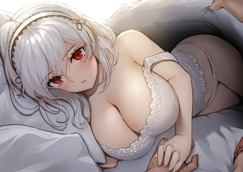 1boy 1girl azur_lane bare_shoulders bed bed_sheet blanket blush breasts camisole cleavage commentary_request eyebrows_visible_through_hair hair_between_eyes hairband hand_on_another's_hand highres huge_breasts lace-trimmed_hairband lingerie looking_at_viewer lying open_mouth panties pillow pov pyz_(cath_x_tech) red_eyes short_hair sidelocks sirius_(azur_lane) solo_focus under_covers underwear white_hair white_panties