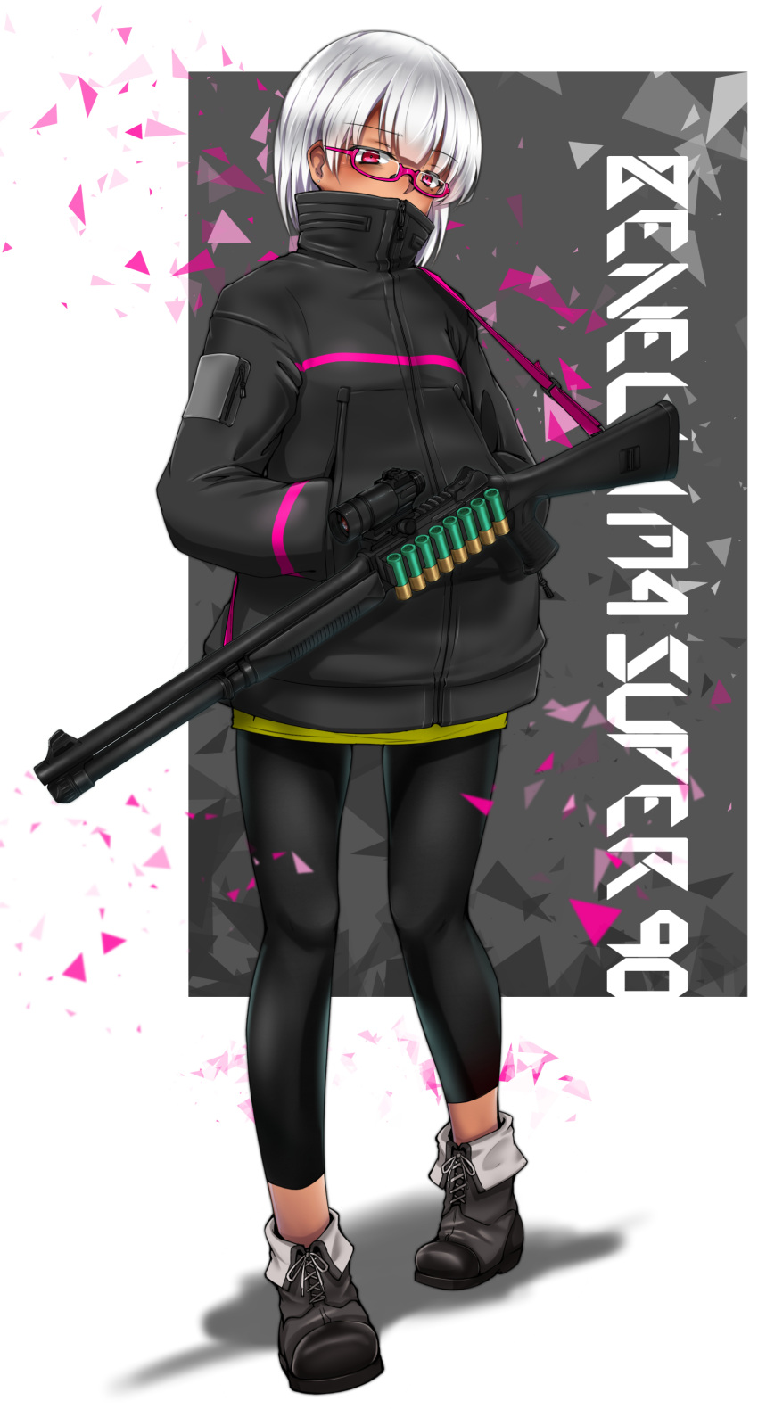 absurdres benelli_m1014 character_request dark_skin full_body glasses gun hands_in_pockets highres kantai_collection leggings pink_eyes sekino_takehiro shotgun simple_background tan weapon white_hair