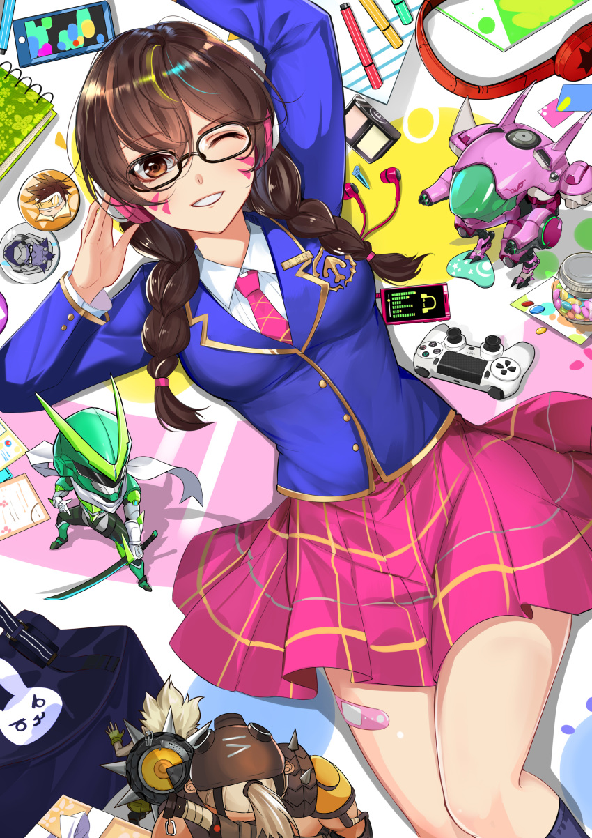 1girl 2girls 4boys absurdres academy_d.va alternate_costume alternate_hairstyle arm_up bag bandaid_on_leg bangs bespectacled blazer blue_jacket blue_legwear bodysuit bow box braid breasts brown_eyes brown_hair candy cellphone chibi chibi_inset collared_shirt controller cowboy_shot cyborg d.va_(overwatch) digital_media_player dualshock earbuds earphones emblem eyebrows_visible_through_hair facial_mark food game_controller gamepad gas_mask genji_(overwatch) gift gift_box glasses gloves goggles grin hair_ornament hair_tie hairclip hand_on_headphones headphones helmet highres holding holding_sword holding_weapon index_finger_raised jacket jar junkrat_(overwatch) katana kneehighs knees_together lan_yu long_hair looking_at_viewer lying marker mecha medium_breasts meka_(overwatch) miniskirt model multiple_boys multiple_girls necktie notebook on_back one_eye_closed overwatch paper phone pink_neckwear pink_skirt plaid plaid_skirt pointing ponytail power_armor roadhog_(overwatch) school_uniform sentai_genji shirt short_hair skirt smartphone smile solo solo_focus spiked_hair spikes sword tracer_(overwatch) twin_braids weapon whisker_markings white_background white_shirt winston_(overwatch)