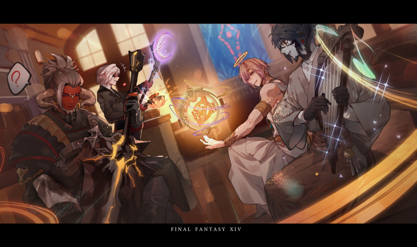 +++ 4boys ? armlet armor astrologian_(final_fantasy) au_ra bard_(final_fantasy) bare_shoulders black_hair black_mage bracelet closed_mouth cooking copyright_name dark_knight_(final_fantasy) dark_skin day dress_shirt dutch_angle elezen elf final_fantasy final_fantasy_xiv frying_pan gloves greatsword grey_hair grey_skin halo harp holding holding_instrument holding_staff holding_sword holding_weapon horns hyur ichi_yasushi indoors instrument japanese_clothes jewelry letterboxed long_sleeves looking_at_another male_focus multiple_boys music musical_note outstretched_arm pink_hair playing_instrument pointy_ears scales shaded_face shirt short_hair shosei sidelocks sitting smile sparkle spoken_question_mark staff standing sword tunic weapon wide_sleeves window