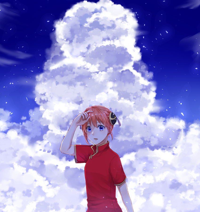 1girl blue_eyes blue_sky brown_hair china_dress chinese_clothes cloud double_bun dress gintama highres kagura_(gintama) looking_at_viewer open_mouth red_dress shiny shiny_hair short_hair short_sleeves sky solo standing upper_body yayoi_(chepiiii23)