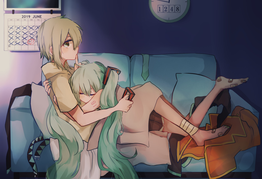 2019 2girls aqua_hair aqua_neckwear arms_around_back bandages bare_shoulders belt black_skirt calendar_(object) clock closed_eyes clothes_removed commentary couch finger_to_mouth gomiyama green_eyes green_hair gumi hair_ornament hatsune_miku highres holding_hair_ornament hood hoodie index_finger_raised june long_hair multiple_girls nail_polish necktie on_couch pillow shoulder_tattoo sitting skirt sleeping sleeping_on_person tattoo thighhighs twintails very_long_hair vocaloid yuri