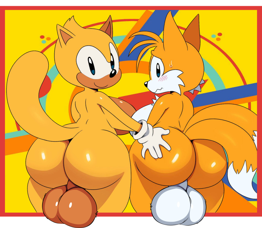 2019 2_tails :s absurd_res anthro balls big_balls big_breasts big_butt black_nose blue_eyes blush bodily_fluids breasts butt butt_grab canid canine clothing crossgender dipstick_tail duo edit flying_squirrel fox fur gloves gynomorph hand_on_butt handwear hi_res huge_butt intersex looking_back mammal membrane_(anatomy) miles_prower multi_tail multicolored_tail nude orange_fur patagium ray_the_flying_squirrel rear_view rodent sciurid short_stack simple_background smile snopythepurv sonic_(series) sssonic2 sweat sweatdrop thick_thighs tree_squirrel video_games white_background wide_hips yellow_fur young