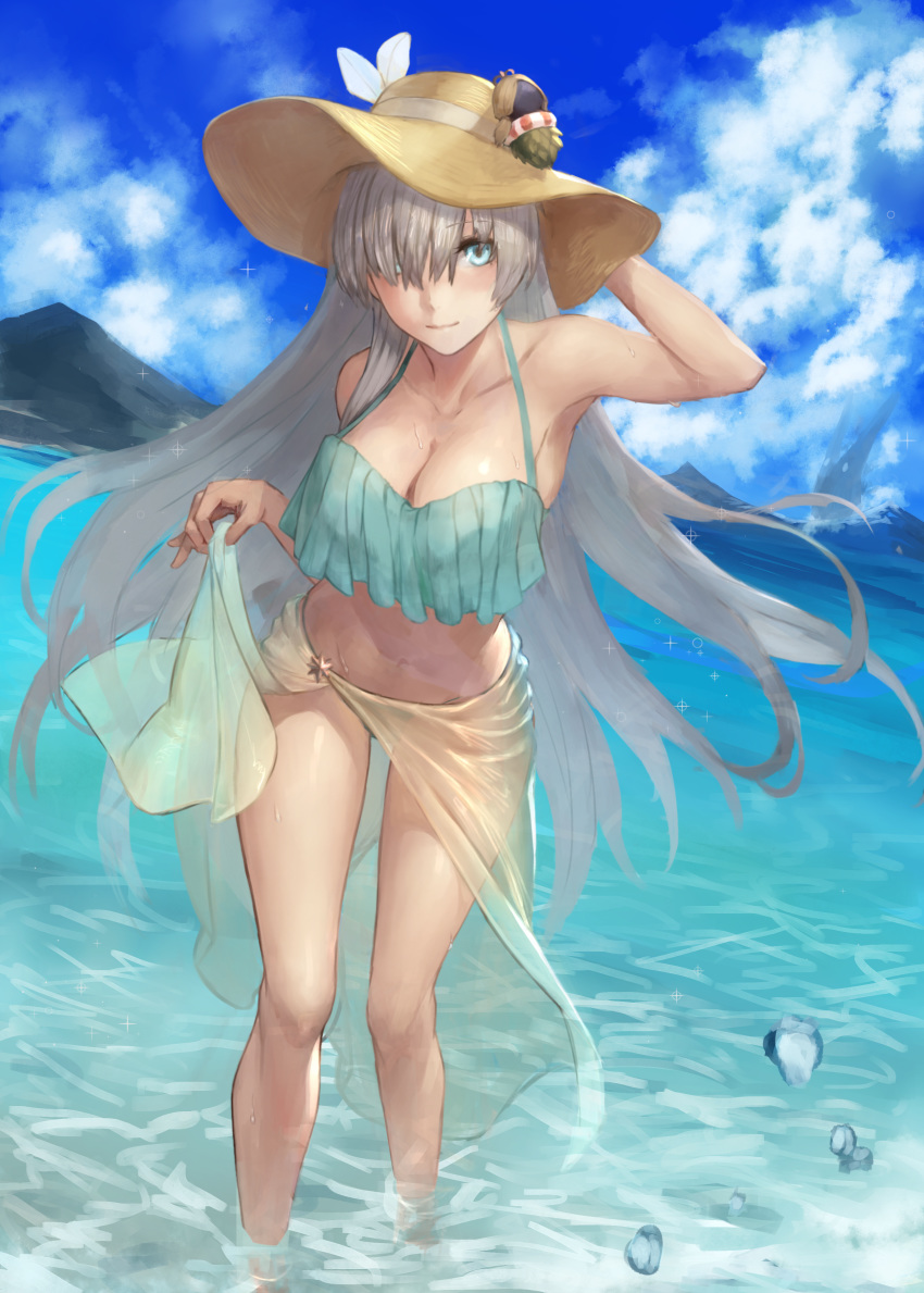 1girl absurdres anastasia_(fate/grand_order) bangs bare_shoulders bikini blue_eyes breasts cleavage cloud cloudy_sky commentary_request dutch_angle fate/grand_order fate_(series) grey_hair hair_between_eyes hat hat_ribbon highres large_breasts long_hair looking_at_viewer mountain peperon_(peperou) ribbon sarong shallow_water sidelocks silver_hair sky smile solo sun_hat swimsuit translucent_sarong very_long_hair