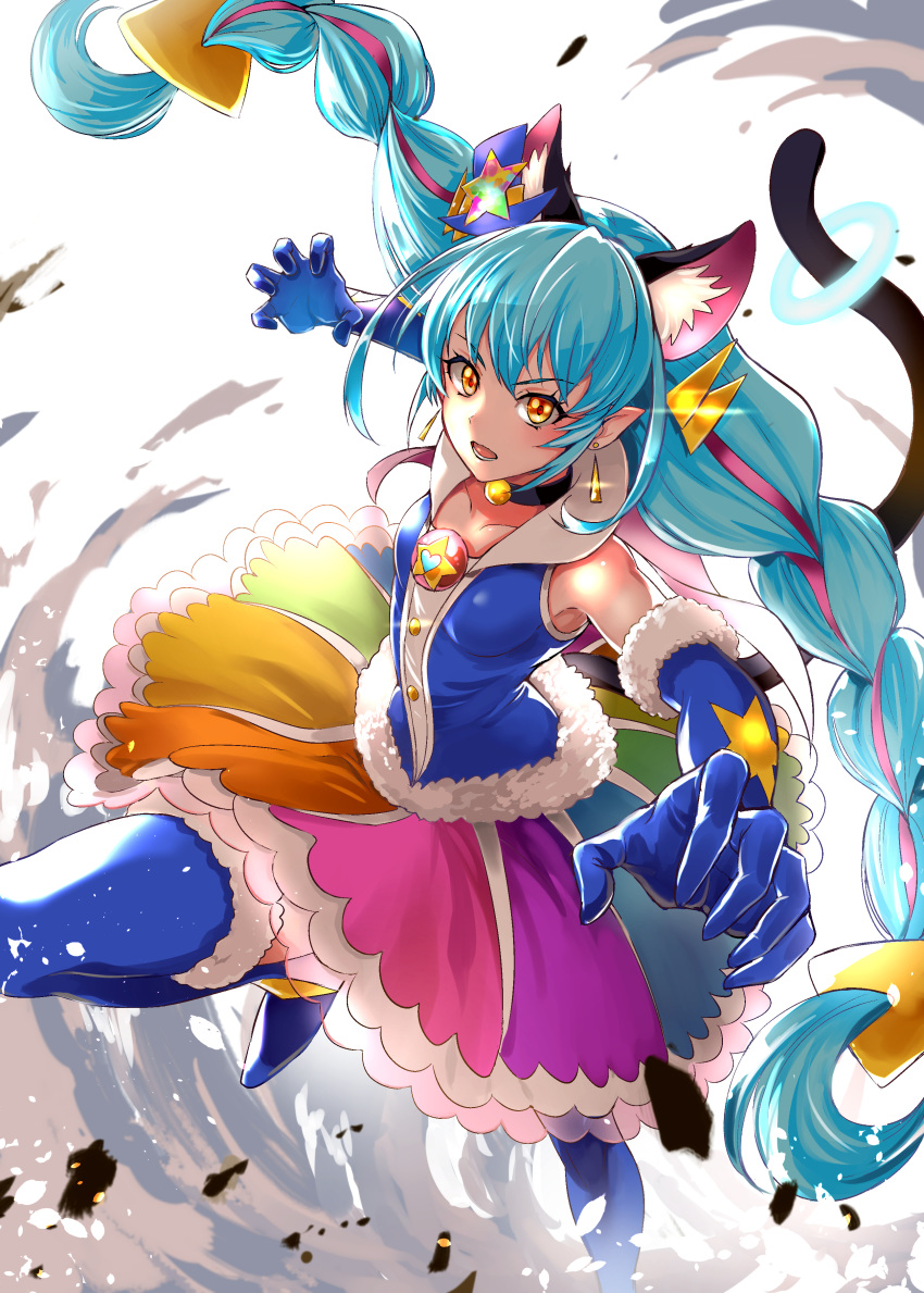 1girl absurdres animal_ears black_neckwear blue_footwear blue_gloves blue_hair boots braid brooch brown_eyes cat_ears cat_tail choker cure_cosmo curled_fingers earrings elbow_gloves extra_ears full_body gloves hat highres jewelry long_hair looking_at_viewer magical_girl mini_hat mini_top_hat multicolored multicolored_clothes multicolored_skirt pointy_ears precure puca-rasu serious skirt smoke solo star_twinkle_precure tail thigh_boots thighhighs top_hat twin_braids uni_(precure) white_background