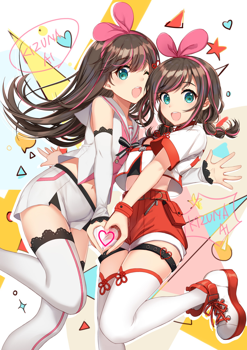 2girls :d ;d a.i._channel absurdres bare_shoulders bison_cangshu blue_eyes brown_hair character_name commentary_request crop_top cropped_jacket detached_sleeves floating_hair hairband heart heart_hands heart_hands_duo highres kizuna_ai leg_up long_hair looking_at_viewer midriff multicolored_hair multiple_girls navel one_eye_closed open_mouth pink_hair red_shorts sailor_collar shirt shoes short_shorts short_sleeves shorts sidelocks smile sneakers standing standing_on_one_leg star streaked_hair thigh_strap thighhighs white_legwear white_sailor_collar white_shirt white_shorts zipper